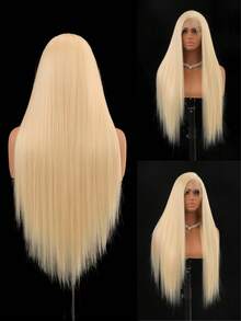 金色13*4蕾丝前假发 613 金色合成直发假发 高清透明蕾丝前假发 预先拔毛 自由分缝蕾丝前假发 耐热纤维假发 日常佩戴 音乐会 - 金色 - 查看 12