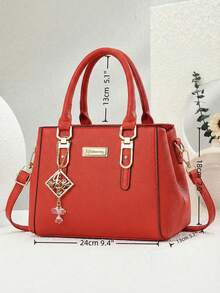 时尚刺绣简约百搭女士手提包，带配饰挂饰 - 紅色 - 查看 5