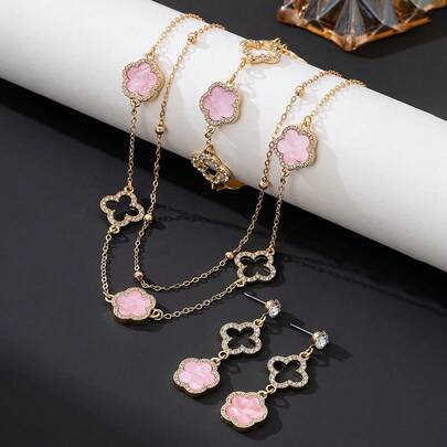 1 Set Luxury Elegant Shiny Hollow Four-Leaf Clover Pendant Necklace, 1 Bracelet, 1 Pair Earrings, Summer New Arrival Women Jewelry Set