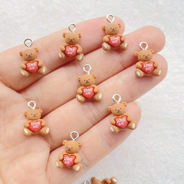 12/24pcs Vibrant Resin Cute Cartoon Heart Shaped Bear Charms - Fashion Pendant For Earring, Bracelet Making - DIY Jewelry Supplies With Festive Holiday Theme - Multicolor - View 3