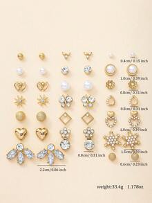 20pcs/Set Cute Petite Heart & Snowflake Geometric Faux Pearl Rhinestone Earrings, Versatile Casual Travel Photo Wear Delicate Earrings For Women - Yellow Gold - View 4