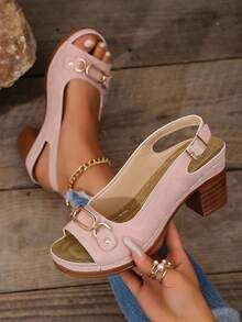 Summer New Fashion Thick Heel Floral Print Sandals, Women Open Toe High Heel Low Vamp Sandals - Pink - View 5