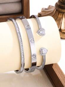 1/3件套不锈钢18K镀金心形水钻手链套装，14K镀金铜镶嵌立方氧化锆开口手镯，时尚女士手链套装，适合日常佩戴，节日礼物 - 銀色 - 查看 6