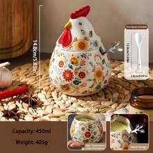 Japanese Garden Style Chick-Shaped Ceramic Storage Jar, Vintage Cute Hand-Painted Underglaze Color Jar, With Lid And Spoon, Can Store Coffee Beans, Candy, Cereal, Spices, Snacks, Dried Fruits, Baking Ingredients, Etc., Ideal For Kitchen, Living Room, Desktop Decoration And Gift Giving. - Multicolor - View 16