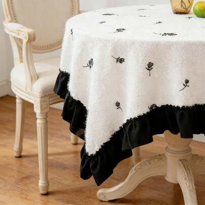 1pc Rose Embroidery Ruffle Edged Tablecloth, French Lace Jacquard Dining Table Cover, Tea Table Cloth, Round Table Cloth, TV Cabinet Scarf, Suitable For Living Room And Dining Room Table Protection And Decoration