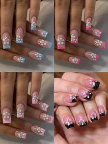 96片（4种混合设计）短方形莲花美甲贴纸，亚克力美甲贴花，适用于短指甲，包含1片果冻凝胶和1个指甲锉，易于佩戴，花卉和黑色美甲，适合女性/女孩日常、工作、舞会等场合。 - 彩色 - 查看 2