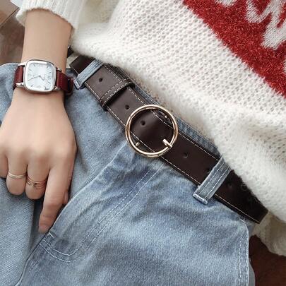 1条咖啡色金色圆形扣休闲纯色PU皮带