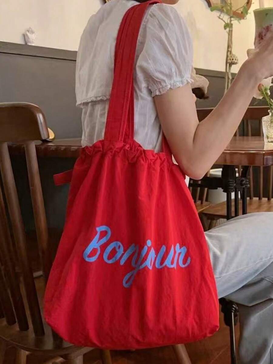 Túi vải bố một vai cỡ lớn có dây rút, kiểu dáng mới năm 2026, túi xách tay bằng nylon in chữ Nhật, thích hợp cho việc đi lại hàng ngày. - Đỏ - Xem 1
