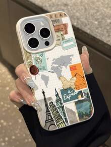 1pc Fashion Travel Collage Eiffel Tower & Butterfly Pattern Litchi Texture Shockproof Anti-Slip Soft Phone Case Suitable Compatible With Apple, , Phones - Multicolor - View 5