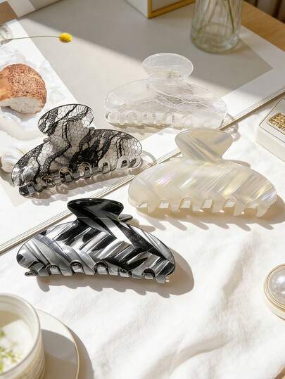 2pcs Women's Iridescent Gradient Line Half-Circle Hair Clips Set, Lace-Like Grid Floral Print Hair Clips, Vintage Minimalist Elegant Casual Cute Girlish Daily Commute Versatile Hair Claw Hair Accessories, Suitable For Holidays, Gifts, Weddings