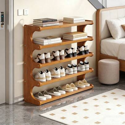 1pc 3/5/6 Tier Bamboo Shoe Rack - Multi-Tier Freestanding Design Wood Grain Finish, Easy Assembly, Space-Saving, Dorms, Entryways, And Compact Spaces. Material Furniture, Shoe Storage