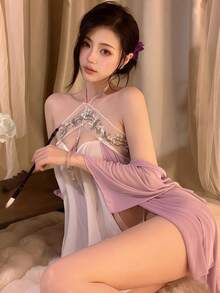 Women's Sexy Lingerie Plus-Size Ancient-Style Suspender Dress + Outer Robe + Thong Three-Piece Set, Embroidered Role-Play Cheongsam, Pure Desire And Passionate Temptation, Suitable For Role-Play And Private Gatherings. - 淡紫色 - 查看 3