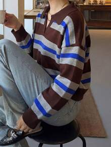 Camisa polo de punto a rayas minimalista para mujer, primavera/verano - Multicolor - Ver 2