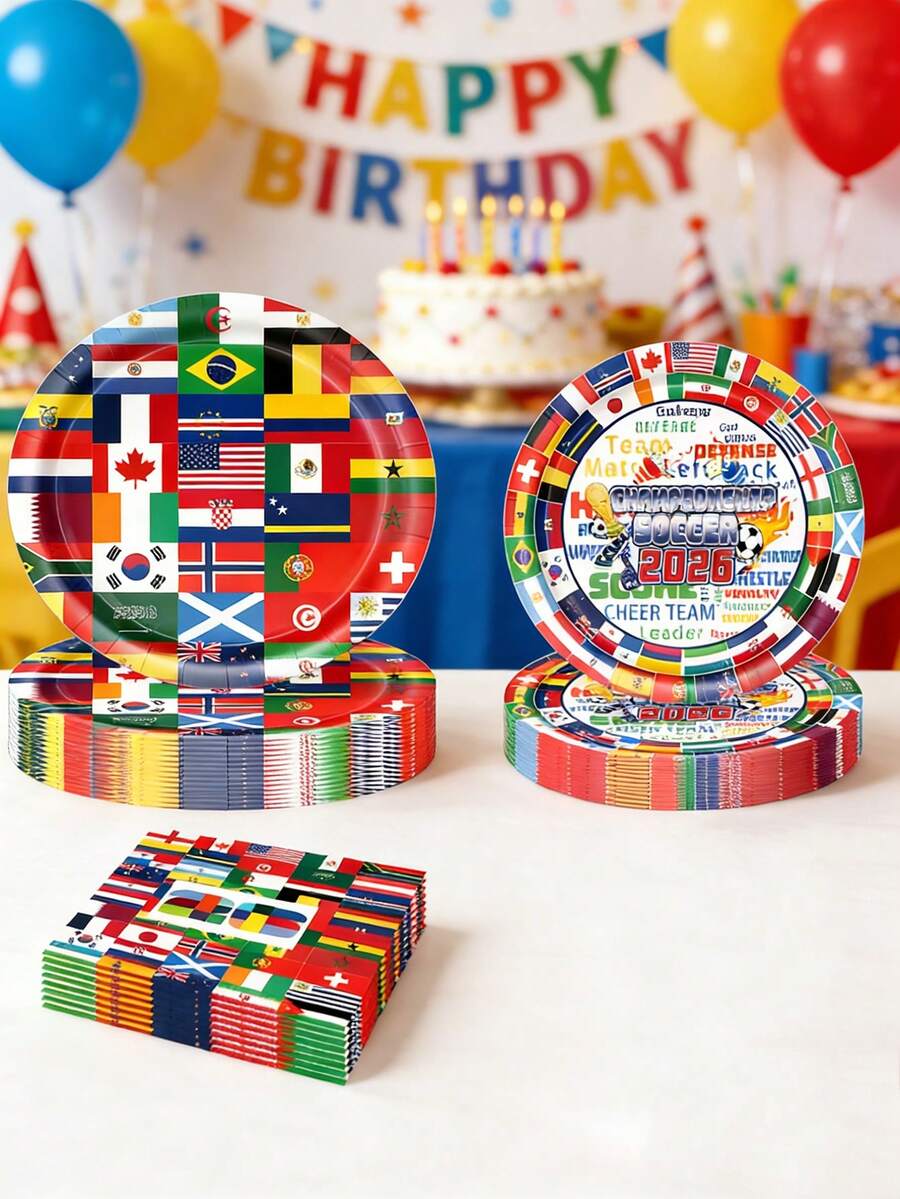Bộ đồ dùng tiệc dùng một lần chủ đề World Cup 10/20 món, bao gồm đĩa giấy in hình cờ, cốc bóng đá, khăn ăn in hình cờ, đĩa giấy chủ đề World Cup, đồ dùng tiệc ngoài trời chủ đề bóng đá, đĩa và cốc giấy cho Giải vô địch bóng đá 2026, đồ dùng tiệc dùng một lần cho người hâm mộ World Cup 2026, đồ dùng bàn tiệc chủ đề thể thao. - Xem 1