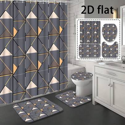 1/4pcs Creative Fashion Rhombus Plaid Minimalist Modern Style, High-Quality Printed Shower Curtain, Modern Style Shower Curtain, Suitable For All Seasons, Waterproof Polyester, With Hooks And Lining