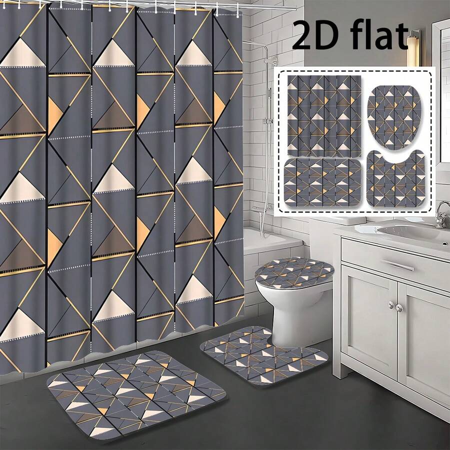 Bộ 1/4 rèm tắm in họa tiết hình thoi kẻ caro tối giản hiện đại, chất lượng cao, phù hợp cho mọi mùa, làm từ polyester chống thấm nước, kèm móc treo và lớp lót. - A - Xem 1
