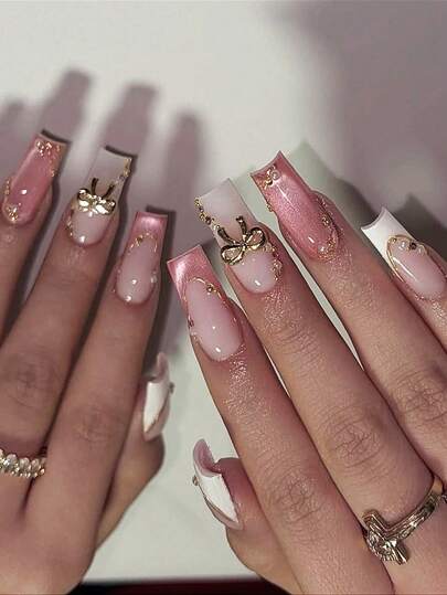 法式猫眼亚克力美甲 24片装 全息长方形按压式美甲片，DIY艺术蝴蝶结假指甲套装 3D，搭配白色珠子/钻石配饰，适用于美甲沙龙女孩和女士日常佩戴、节日派对和送礼。