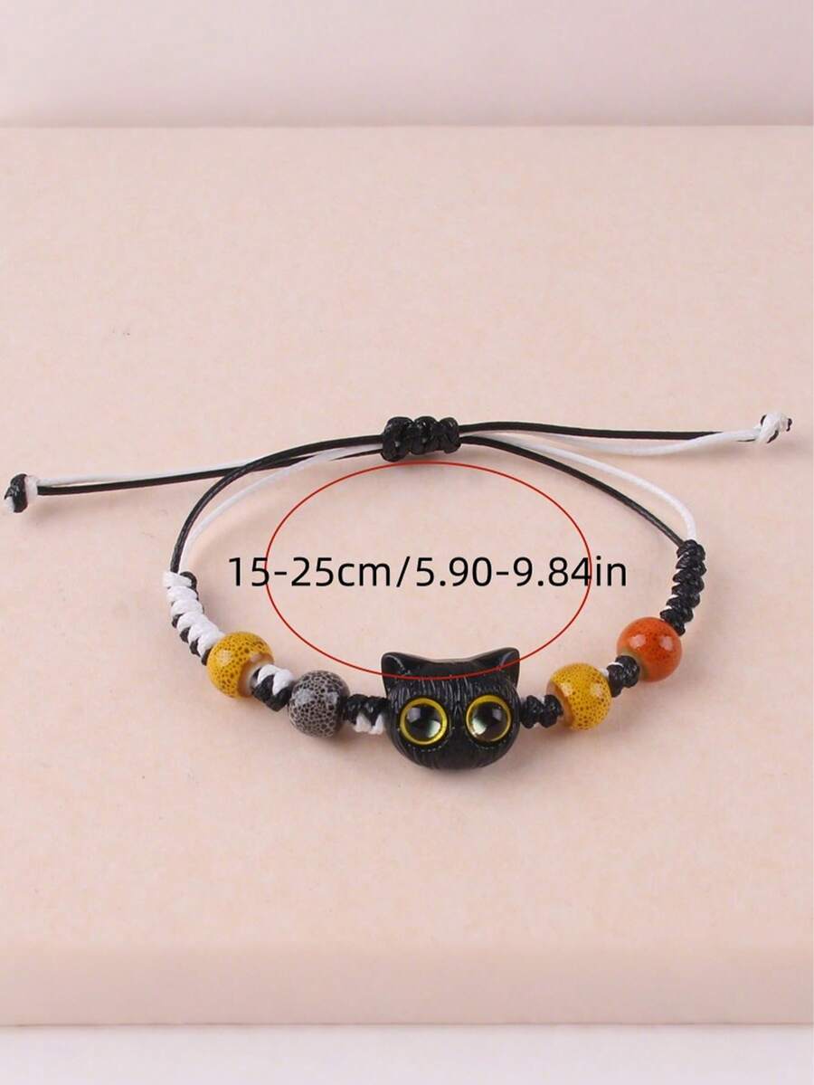 1pc INS Style Woven Bracelet With Small Black Cat Pendant, Suitable For Couples And Girlfriends - Multicolor - View 1