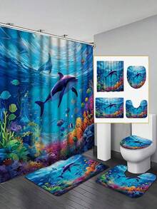 1/4件套海豚图案浴帘和地垫，蓝色海洋海底世界浴帘，涤纶防水浴帘带12个挂钩，浴室地垫，U型马桶垫，马桶盖套 - A - 查看 7
