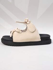 Girls' Beige Suede Bow Slide Sandals, Sweet Open Toe Summer Shoes For Kids - Beige - View 3