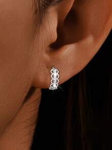 1对女士时尚耳环，S925纯银镂空立方氧化锆圈形耳环，优雅百搭简约新款耳环，适合日常佩戴、送礼、度假、情人节，低致敏性 - 銀色 - 查看 3