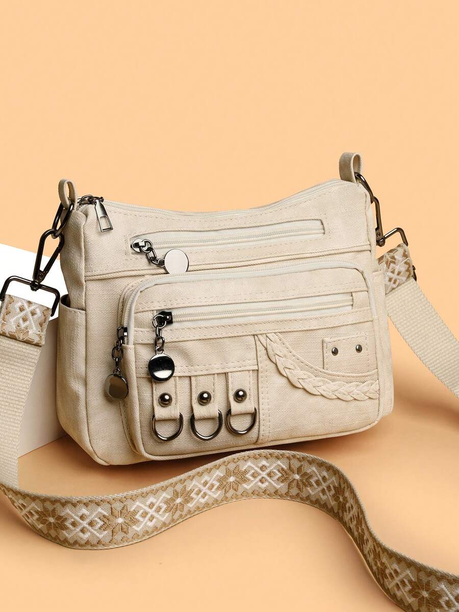 Bohemian Rivet Decor Large Capacity PU Shoulder Bag, Suitable For Work, Daily Use, Commuting, Travel And Shopping