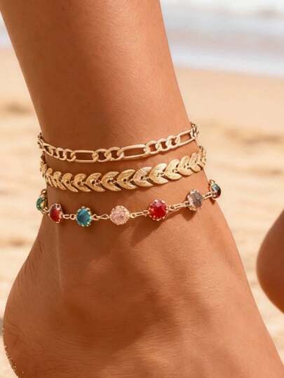 3件套波西米亚风百搭脚链，适合女性日常及节日佩戴，优雅礼物（珠子颜色随机）