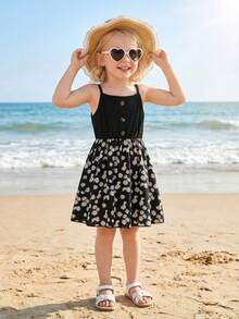 女童彩色拼接雏菊印花纽扣装饰休闲连衣裙，适合夏季穿着，少女服装 - 黑色 - 查看 3