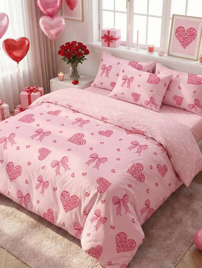 2/3pcs Pink Leopard Print Bow Bedding Set, Comfortable & Cozy Bedroom Decor, Soft & Breathable Bed Linen Set, Soft & Pilling Resistant Bedding Set, Soft & Skin-Friendly, Fashionable Duvet Cover & Pillowcase, Excluding Comforter, Suitable For All Bed Sizes, Suitable For All Seasons, Home Textile, Bedding Gift, Machine Washable, Romantic Couple Gift
