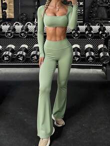 Bộ đồ thể thao nữ Aoqta 2 món phong cách thường ngày, áo crop top dài tay có đệm ngực và quần legging ống đứng, dùng cho yoga, chạy bộ, tập luyện, mặc hàng ngày - màu xanh lá - Xem 10