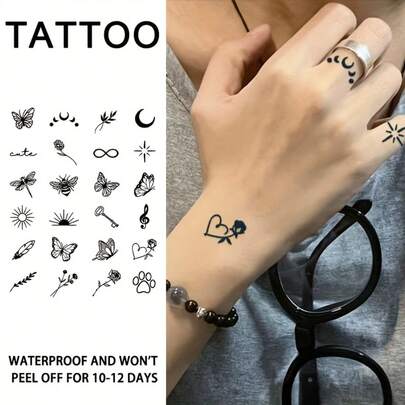 Simple Small Pattern Combination Waterproof Temporary Tattoos, Long-Lasting Waterproof 1-2 Weeks, Daily Body Art, Ideal Gift Choice, High Quality, Non-Allergic Tattoo Stickers, Semi-Permanent Tattoo Color, Realistic Non-Reflective Unisex Fake Tattoos, Applicable To Fingers, Palms, Arms
