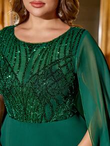 Đầm dạ hội dáng ôm SUPGIR Plus dành cho nữ, cổ tròn, tay bồng, đính sequin và phối chiffon, xẻ tà. - Màu xanh lá cây đậm - Xem 7