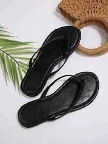 女士人字拖，休闲街头风夏季沙滩拖鞋，纯色平底防滑人字拖凉鞋 - 黑色 - 查看 3