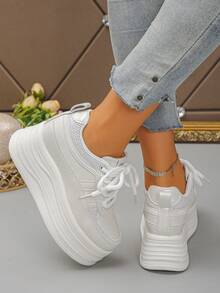 Zapatillas con plataforma para mujer, de unicolor, estilo deportivo casual con cordones, decoración de rhinestones, zapatos elevadores versátiles de moda, suela gruesa - Blanco - Ver 4