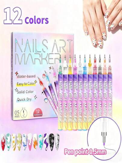 12 Colors Nail Art Marker Pen Set, Nail Art Markers, Suitable For 3D Nail Art, Drawing, Painting, Graffiti Lines, DIY Nail Decoration Tools