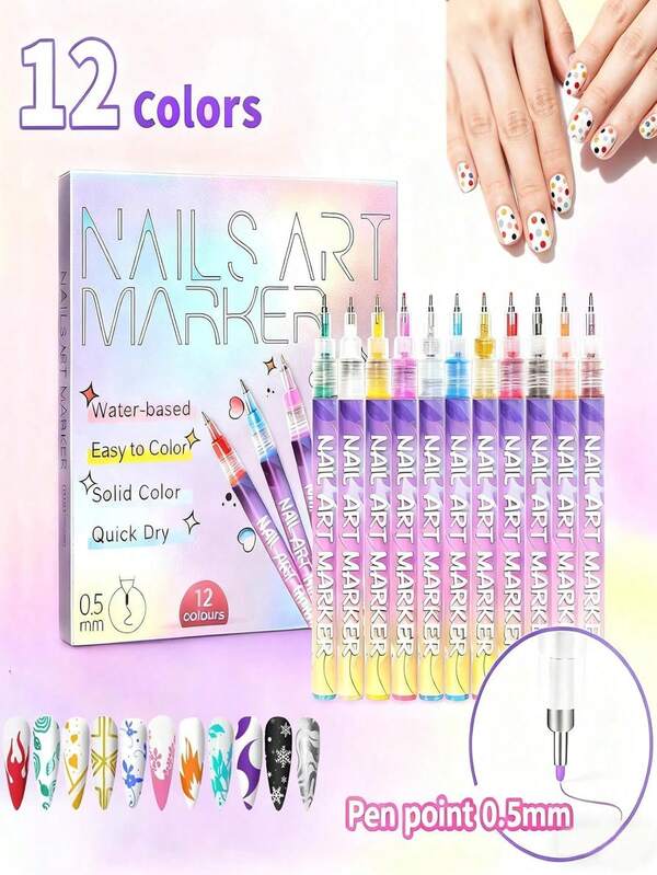 12 Farben Nagel-Kunst Markerset, Nagel-Kunst Marker, geeignet für 3D Nagel-Kunst, Zeichnen, Malen, Graffiti Linien, DIY Nagel Dekorations Werkzeuge