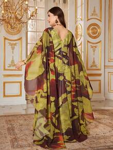 SUPGIR Heart-Shaped Collar Cape Sleeve Heavily Embellished Sequins Splice Decor Elegant Split Hem Evening Gown - Mustard Yellow - View 2