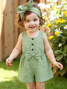 Baby Girls' Cute Solid Color Round Neck Sleeveless Bow Decor Button Design Half-Placket Romper, Suitable For Home, Daily Wear And Outings, Spring/Summer - Green - View 4