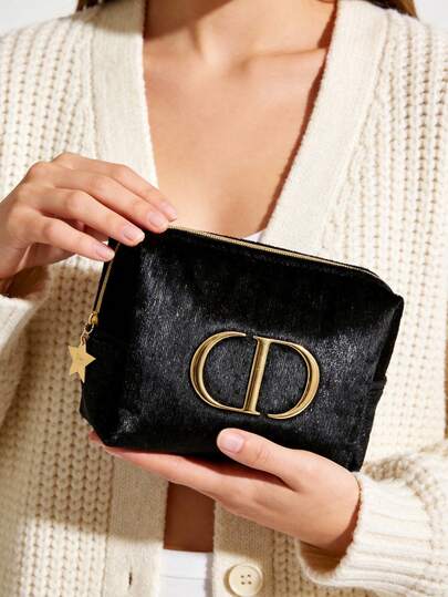 Dior Materiel Black Portable High-End Textured Tartan Mesh Makeup Pouch Minimalist Toiletry Bag