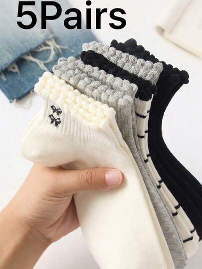 5 Pairs Women's Cute Bow Polka Dot Pattern Ankle Socks, Black And White Color, Suitable For Casual Daily Wear