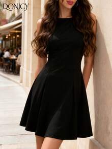 DONICY 女士无袖交叉吊带方领喇叭裙摆派对连衣裙 - 黑色 - 查看 4