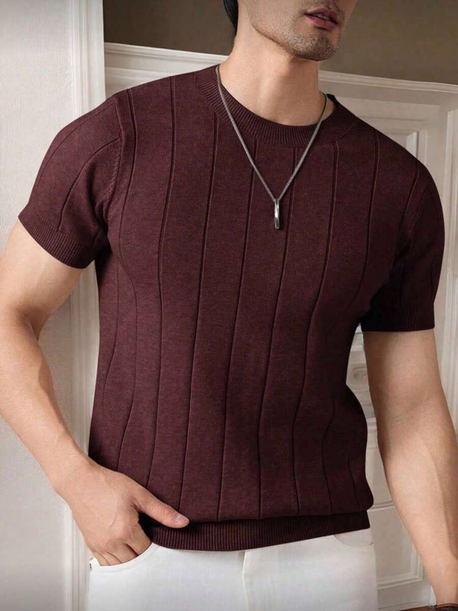 Men's Casual Short-Sleeve Crew Neck Solid Color Knit T-Shirt - Màu Đỏ Sâu - Xem 1