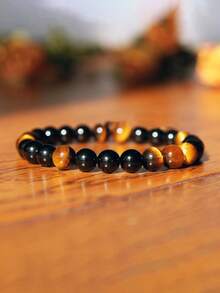 男士黑曜石虎眼石水晶手链，象征力量、保护、勇气、专注力、内在能量和领导力，适合瑜伽冥想等灵性场合佩戴。 - 彩色 - 查看 3