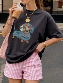 1 chiếc áo thun nữ mùa hè dáng rộng cổ tròn tay ngắn in hình chó Dachshund hoạt hình, phong cách thường ngày. - Màu xám đen - Xem 10