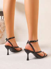 Women Black PU Square Toe Thong Sandals Ankle Strap Kitten Heels 5-6cm Heel For Wedding Party Daily Wear. - 黑色 - 查看 4