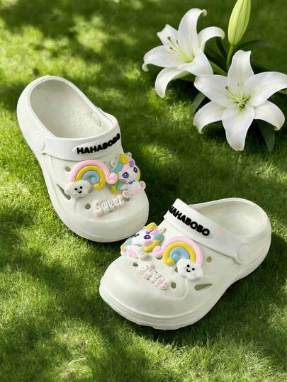 新款儿童拖鞋 白色 女孩卡通粉色独角兽彩虹图案 可爱时尚 百搭休闲 EVA材质凉鞋 轻便舒适柔软 室内淋浴 居家 户外 步行 旅行 学校 沙滩 套脚鞋 适合春夏