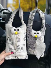 1pc Grey & White Plush Tissue Box, Car Hanging Tissue Paper Holder - Tissue Box - View 7