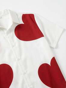 男士浪漫爱心印花衬衫，简约白色短袖上衣，街头风休闲度假派对穿搭，提升多巴胺！ - 彩色 - 查看 6