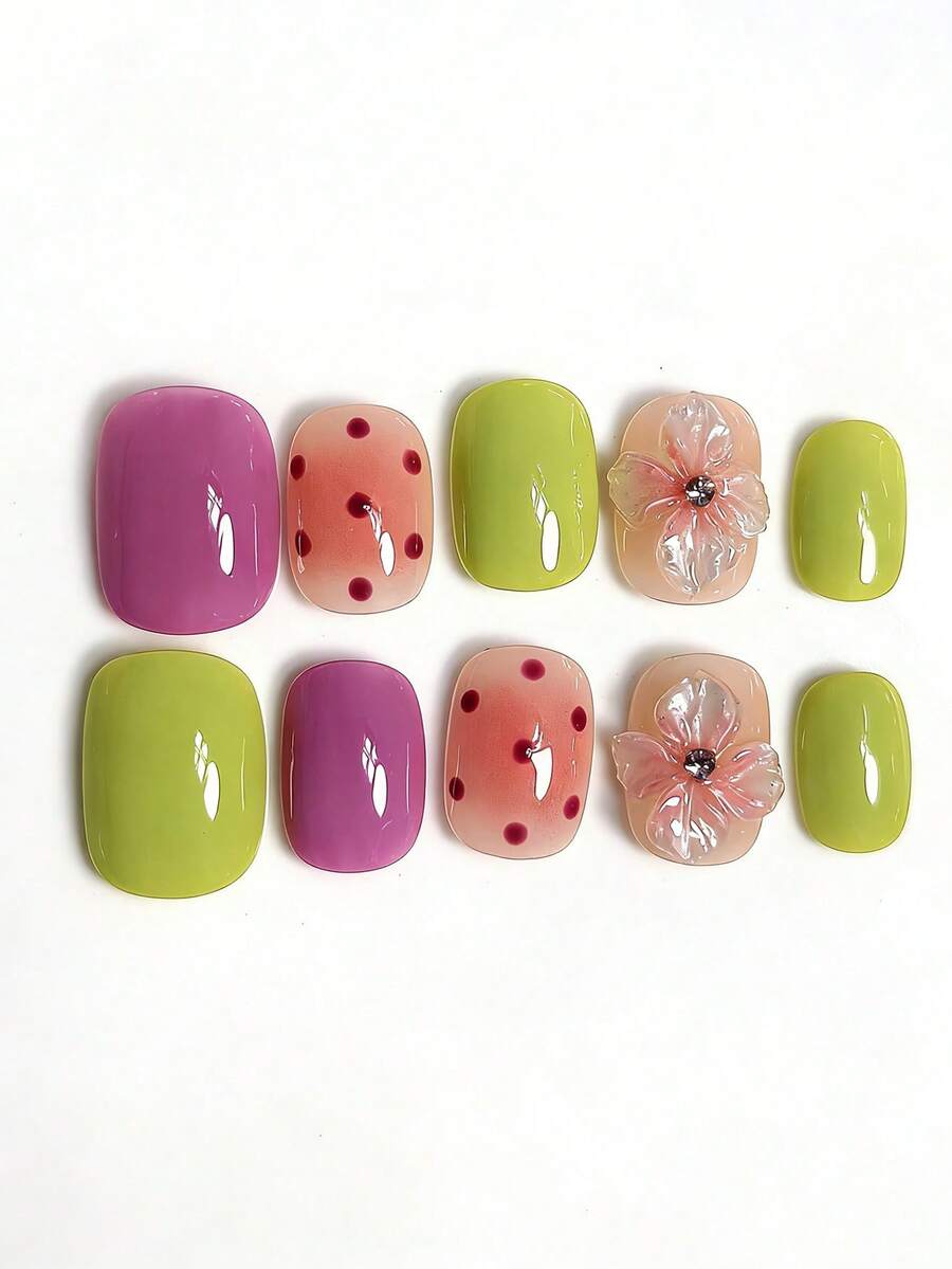 10pcs Handmade Short Square Nail Stickers, Green And Purple Color Block Design, Hand-Painted Polka Dot Pattern, 3D Carved Floral And Rhinestone Accents, Cute And Fresh, Suitable For Women And Girls Wear In Spring, Summer, Autumn, Winter, Parties And Daily - Green - View 1