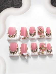 10pcs Luxury Heir Acrylic Nail Art Kit, Includes Champagne Rhinestones, White 3D Bow, Golden Cross, White Nail Polish, Nail Tools (1 Jelly Sticker + 1 Nail File), Almond & Oval Nail Shapes, Suitable For Daily, Party, Photo Shoot, Office Occasions Press On Nails - 彩色 - 查看 14